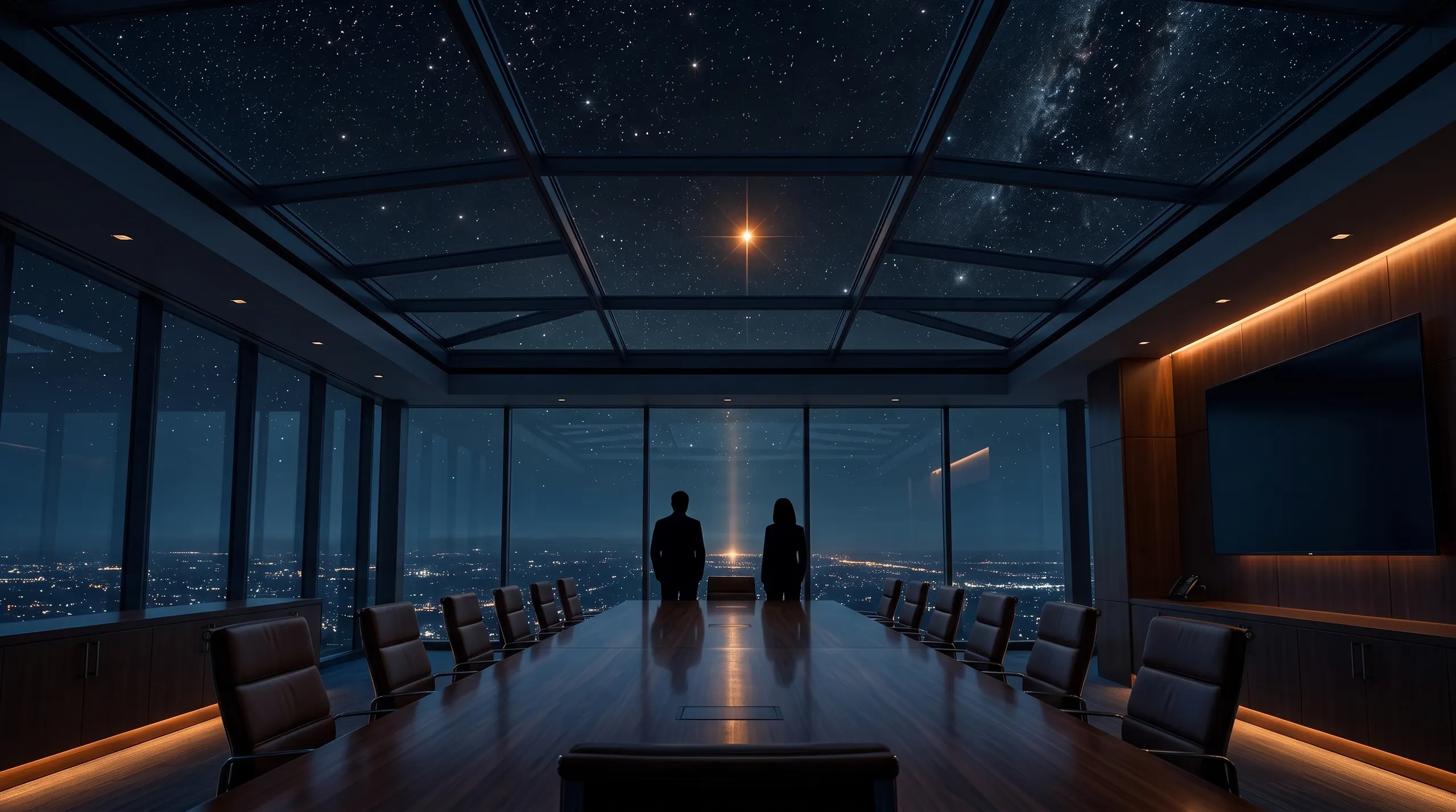 A top-floor boardroom at night, the North Star above the table